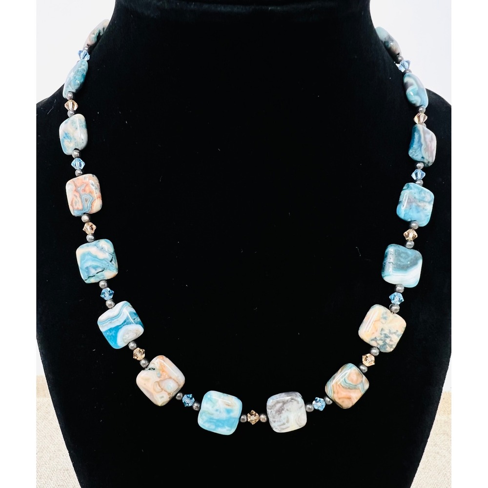 Sterling Silver Blue Lace Agate Square Bead Necklace with Crystal Accents 925